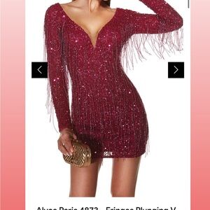 Plunging V-Neck Burgundy Sequin Fringe Mini Dress
